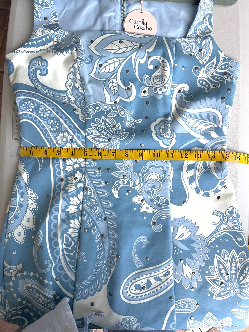 Camila Coelho mini patterned studded dress blue white silver size 8 - Picture 11 of 13